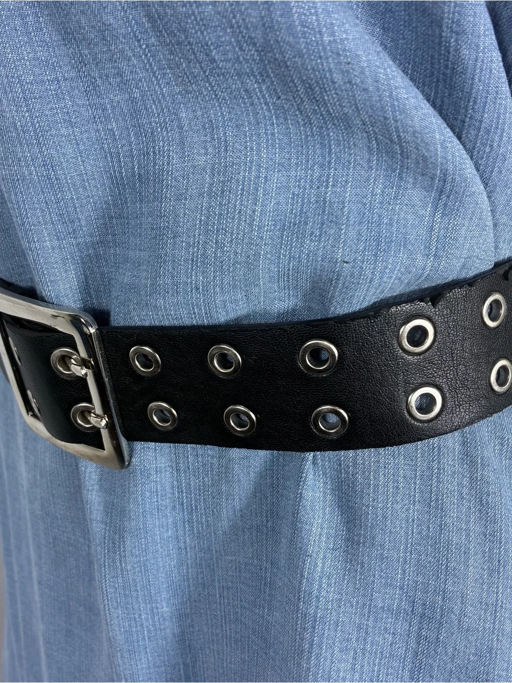 Womens belt Black faux Leather Belt double silver eyelets 34” long Y2K punk goth